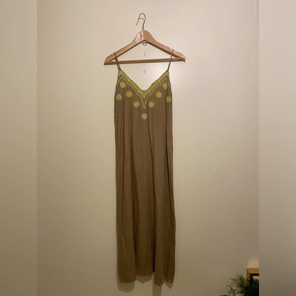 Zara Brown Linen Dress with Yellow Embroidery. Size XS - Picture 4 of 10